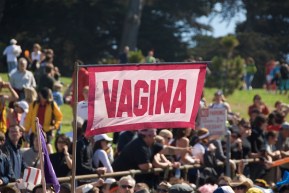 red and white flag that reads "Vagina"