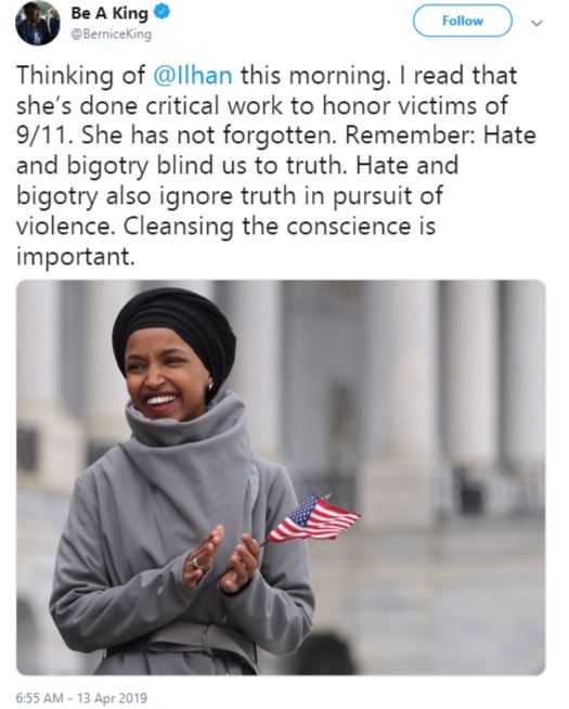 bernice king, ilhan omar support