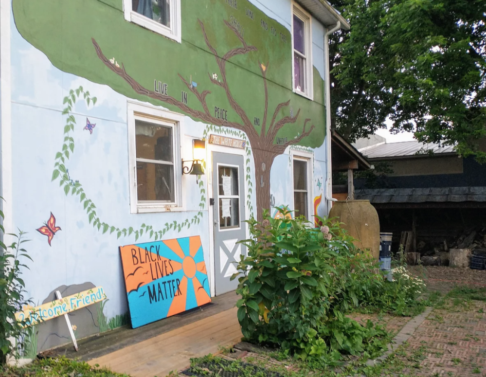 This is an image from the Vine &amp; Fig website, it is the art on the back of the White House: a tree with plants and insects around it. There are two signs, a "Black Lives Matter" sign and another that says "Welcome Friend!" 