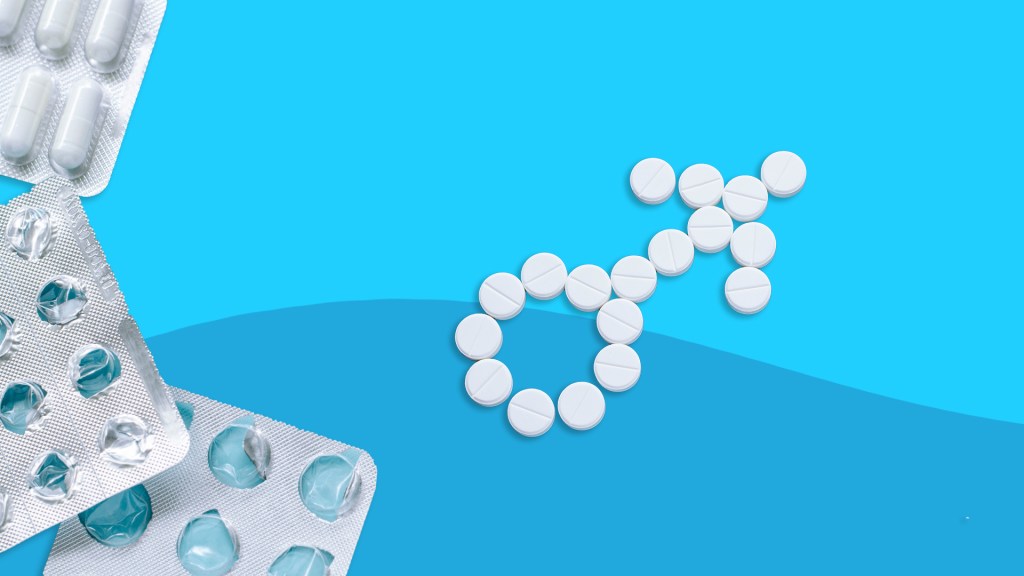 Birth control pills shaped as the male symbol.