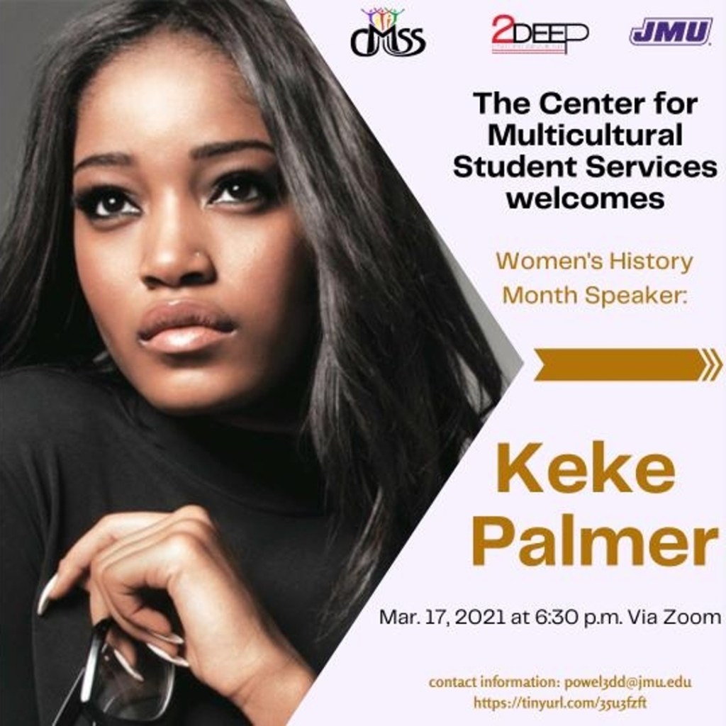 Keke Palmer pictured and announced as JMU's Women's History Speaker.