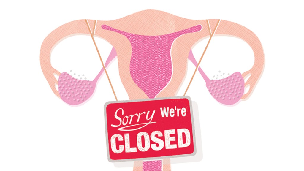 A drawing of a uterus with a "sorry we're closed" sign hanging from it.