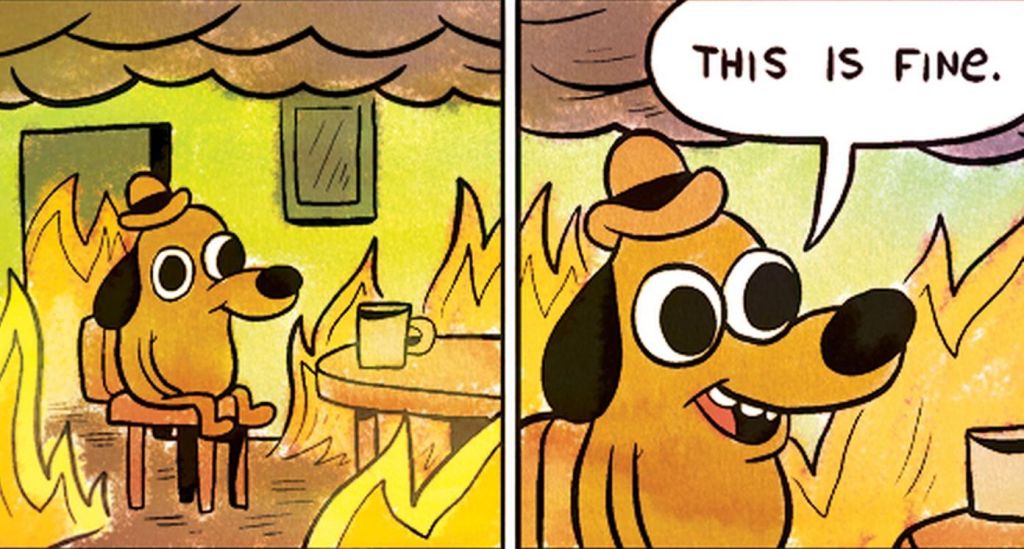 "This is fine" comic of dog calmly surrounded in a house fire
